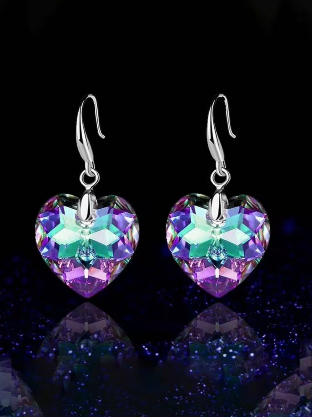 Heart Crystal Dangle Earrings - Iridescent Purple-Green -